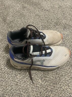 On Running Men's Cloudmonster Sneakers in White with Blue and Orange Accents